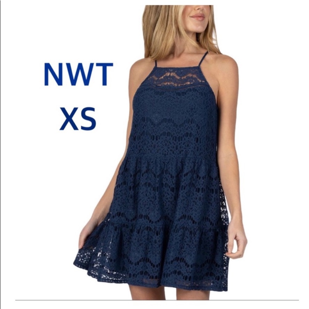 NWT (XS) speechless navy blue crochet lined skater dress racer back halter lace